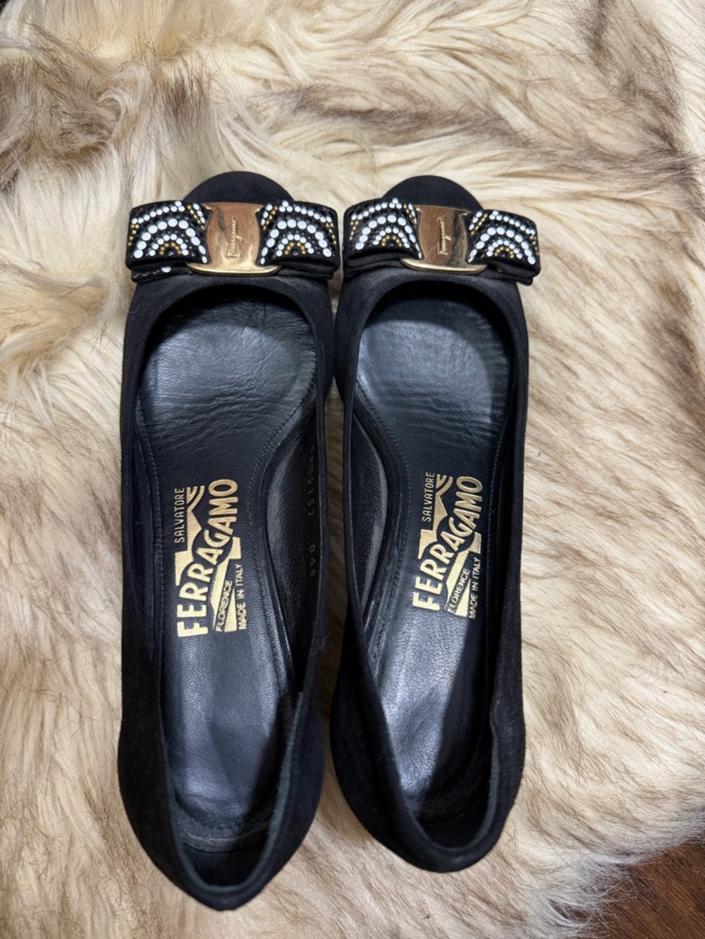 Salvatore Ferragamo Black Crystal Vara Bow Flats